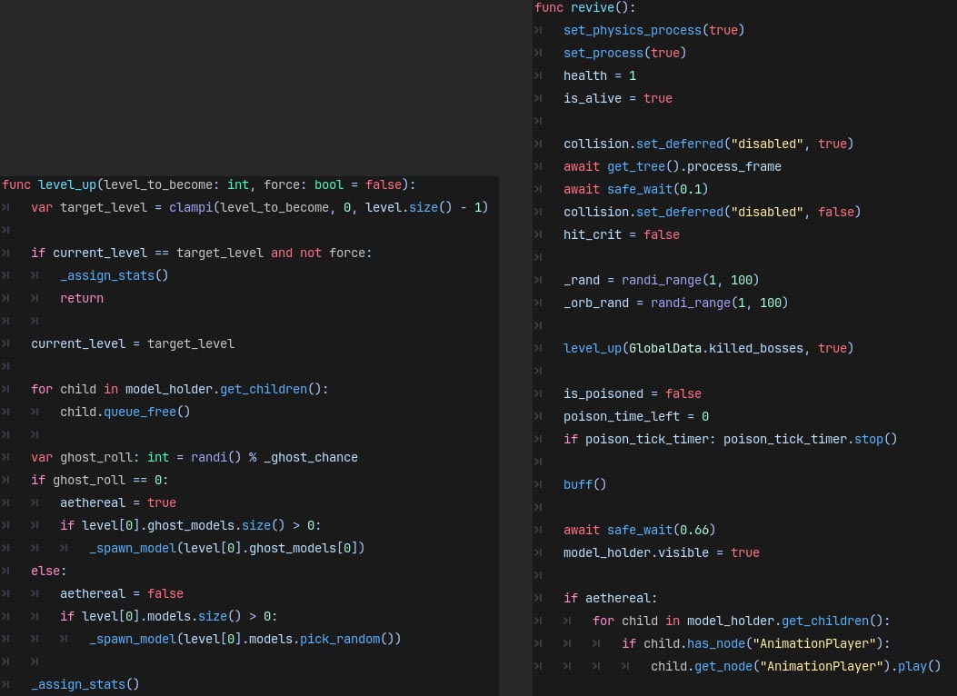 2 code snippets of the code controlling enemy revives and level-ups